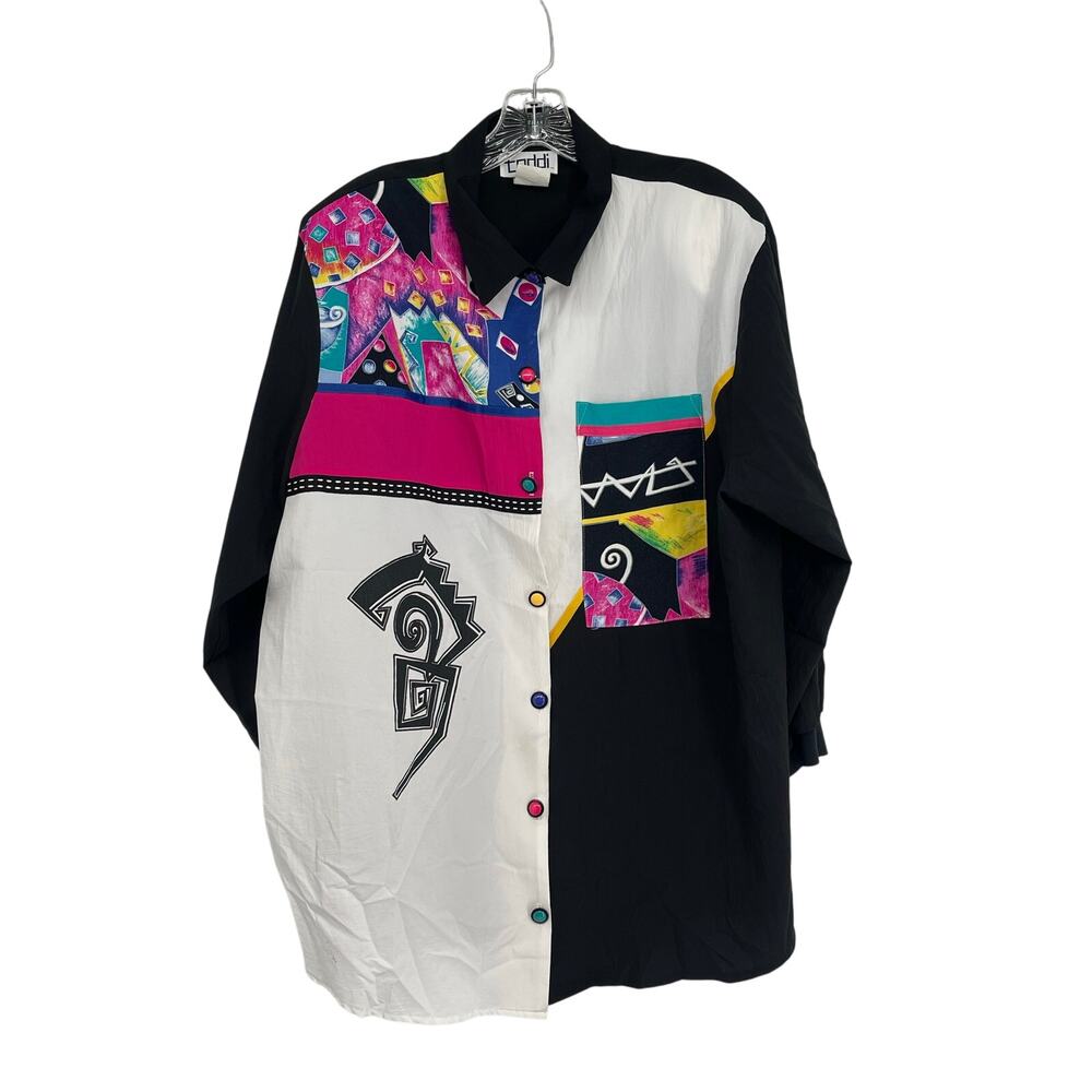 Vintage 1990’s Teddi Button Down Floral Color block Floral Print Shirt Artsy‎